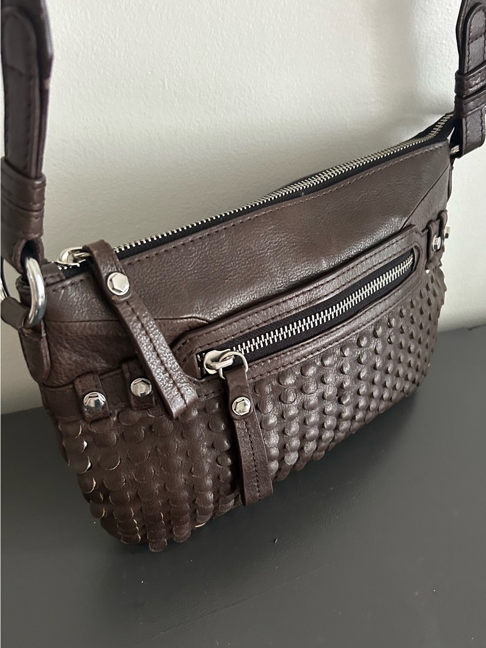 Oryany Brown Woven Leather Crossbody Shoulder Bag Silver Hardware - Picture 5 of 12